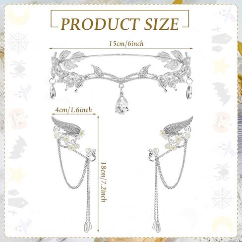 Hicarer 3 Pcs Halloween Rhinestone Leaf Headband Metal Elf Ears Fairy Costume Crown Princess Cosplay for Women(Rose Gold) in Saudi Arabia