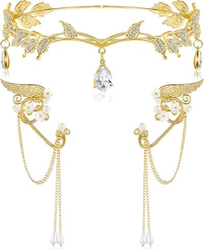 Hicarer 3 PCS Halloween Rhinestone Leaf Beadband Metal Elf Ears Cawry Crown Princess Cosplay for Women (Rose Gold) in Kuwait