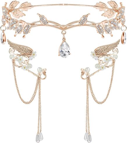 Hicarer 3 PCS Halloween Rhinestone Leaf Beadband Metal Elf Ears Cawry Crown Princess Cosplay for Women (Rose Gold) in Kuwait