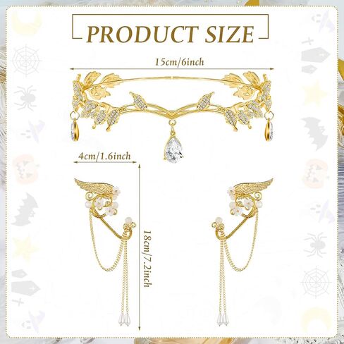 Hicarer 3 PCS Halloween Rhinestone Leaf Beadband Metal Elf Ears Cawry Crown Princess Cosplay for Women (Rose Gold) in Kuwait