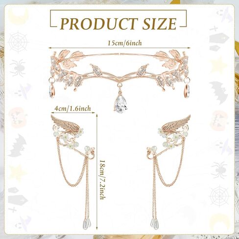Hicarer 3 PCS Halloween Rhinestone Leaf Beadband Metal Elf Ears Cawry Crown Princess Cosplay for Women (Rose Gold) in Kuwait