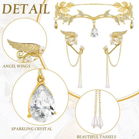 Hicarer 3 PCS Halloween Rhinestone Leaf Beadband Metal Elf Ears Cawry Crown Princess Cosplay for Women (Rose Gold) in Kuwait