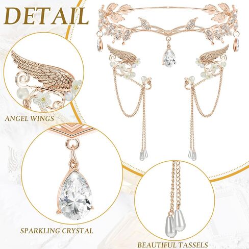 Hicarer 3 PCS Halloween Rhinestone Leaf Beadband Metal Elf Ears Cawry Crown Princess Cosplay for Women (Rose Gold) in Kuwait