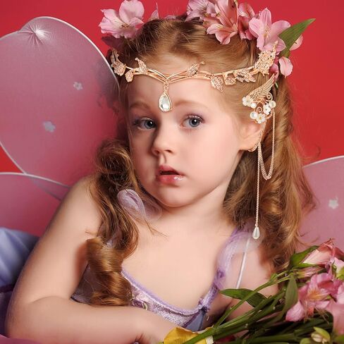 Hicarer 3 PCS Halloween Rhinestone Leaf Beadband Metal Elf Ears Cawry Crown Princess Cosplay for Women (Rose Gold) in Kuwait