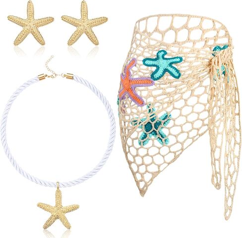 3 PCS Summer Mermaid Costume Women's Starfish Hollow Out Crochet Beach Skirt Sarong Swimsuit Cover Up Driangle Shawloywear Shell Shell الشاطئ in Kuwait