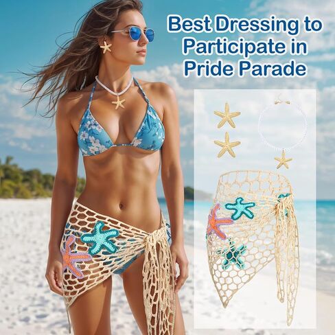 3 PCS Summer Mermaid Costume Women's Starfish Hollow Out Crochet Beach Skirt Sarong Swimsuit Cover Up Driangle Shawloywear Shell Shell الشاطئ in Kuwait