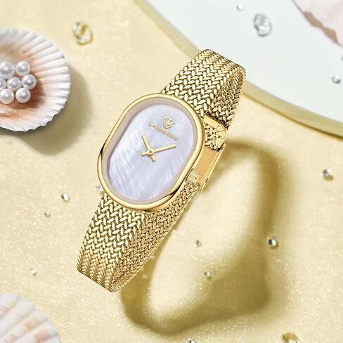 Dainty Gold Watches for Women with Mesh Steel Bracelet, Mother of Pearl Oval Dial Ladies Watches, Luxury Analog Wrist Watch Waterproof Quartz Women's Watch in Saudi Arabia