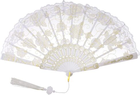 Lace Handheld Folding Fan Embroidered Flower Decorative Folding Fans Chinese Japanese Hand Fan for 1920s Costume Wedding Bridal Dancing Tea Party (1, White) in Saudi Arabia