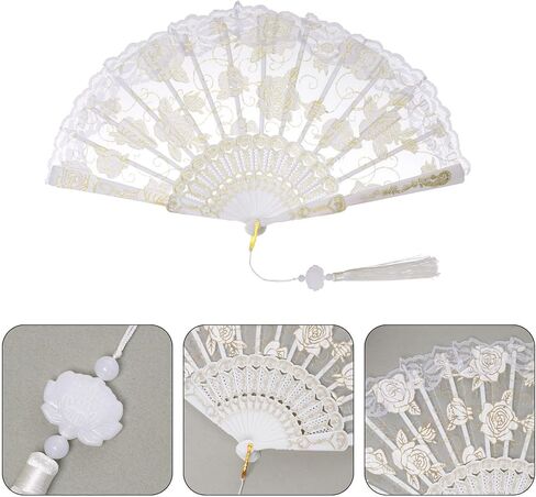 Lace Handheld Folding Fan Embroidered Flower Decorative Folding Fans Chinese Japanese Hand Fan for 1920s Costume Wedding Bridal Dancing Tea Party (1, White) in Saudi Arabia