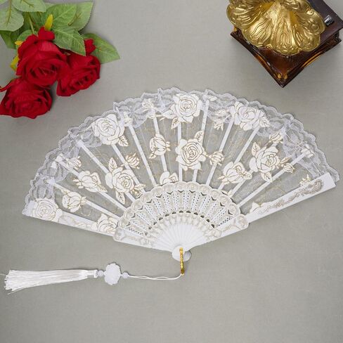 Lace Handheld Folding Fan Embroidered Flower Decorative Folding Fans Chinese Japanese Hand Fan for 1920s Costume Wedding Bridal Dancing Tea Party (1, White) in Saudi Arabia