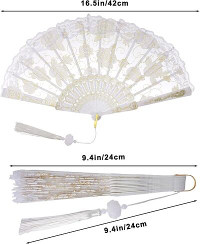 Lace Handheld Folding Fan Embroidered Flower Decorative Folding Fans Chinese Japanese Hand Fan for 1920s Costume Wedding Bridal Dancing Tea Party (1, White) in Saudi Arabia