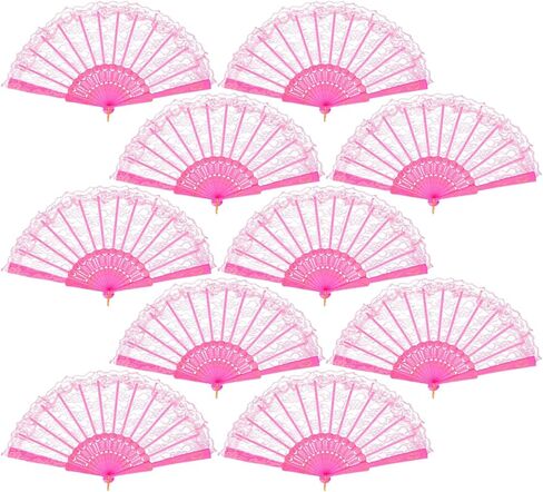 QIRMIZI 10 Pack Lace Handheld Folding Fan - Elegant Silk Fan for Women's Wedding Decoration and Dancing Party - Pink in Saudi Arabia