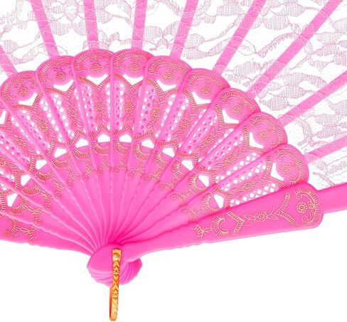 QIRMIZI 10 Pack Lace Handheld Folding Fan - Elegant Silk Fan for Women's Wedding Decoration and Dancing Party - Pink in Saudi Arabia