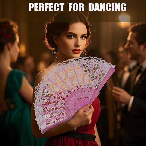 QIRMIZI 10 Pack Lace Handheld Folding Fan - Elegant Silk Fan for Women's Wedding Decoration and Dancing Party - Pink in Saudi Arabia