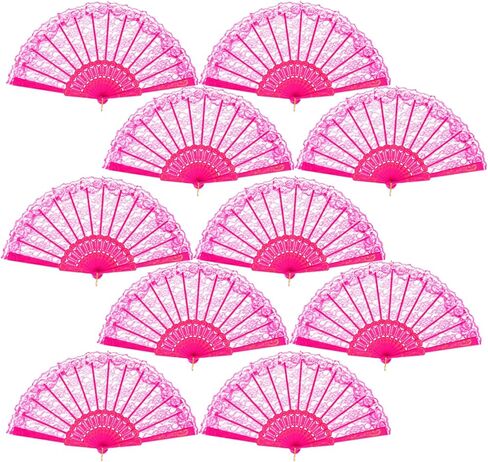 QIRMIZI 10 Pack Lace Handheld Folding Fan - Elegant Silk Fan for Women's Wedding Decoration and Dancing Party - Pink in Kuwait