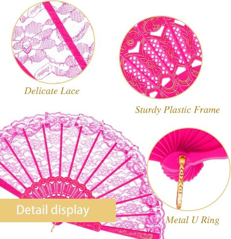 QIRMIZI 10 Pack Lace Handheld Folding Fan - Elegant Silk Fan for Women's Wedding Decoration and Dancing Party - Pink in Kuwait