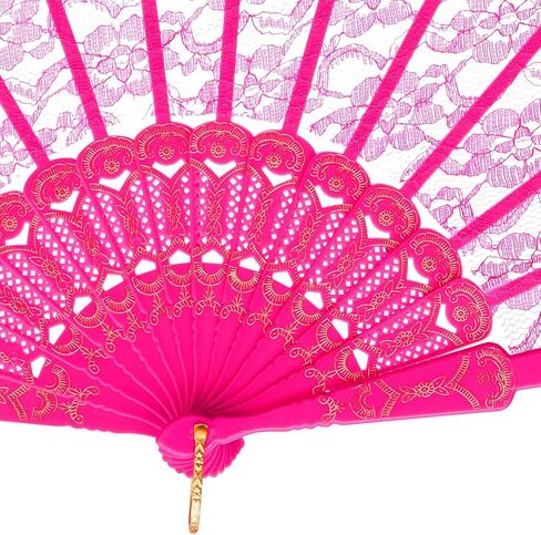 QIRMIZI 10 Pack Lace Handheld Folding Fan - Elegant Silk Fan for Women's Wedding Decoration and Dancing Party - Pink in Kuwait