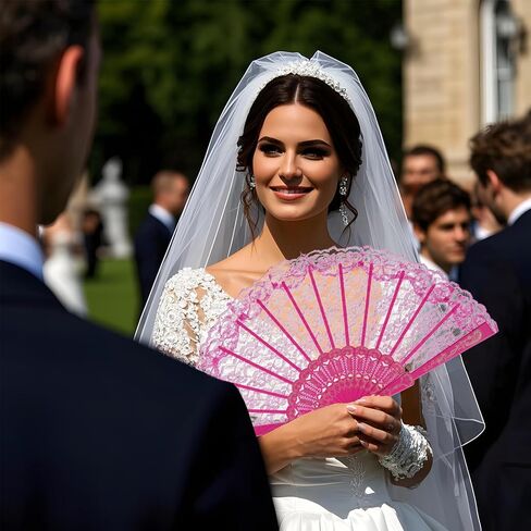 QIRMIZI 10 Pack Lace Handheld Folding Fan - Elegant Silk Fan for Women's Wedding Decoration and Dancing Party - Pink in Kuwait