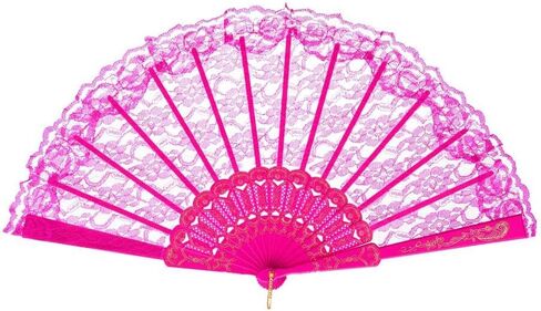 QIRMIZI 10 Pack Lace Handheld Folding Fan - Elegant Silk Fan for Women's Wedding Decoration and Dancing Party - Pink in Kuwait