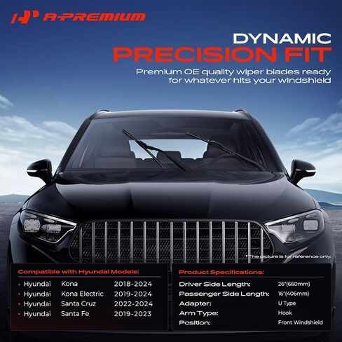 حزمة A-premium من شفرتين ممسحة من الزجاج الأمامي مع مؤشر وملابس-متوافقة مع Hyundai Santa Fe 2019-2023 ، Santa Cruz 2022-2024 ، Kona ، Kona Electric-26 "و 16" ، موصل الخطاف in Saudi Arabia
