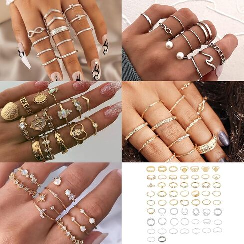 62-101pcs حلقات مفصل خمر مجموعة حلقات ميدي قابلة للتكديس للنساء حزمة المجوهرات البوهيمية الفضية الفضية (58 ٪) in Saudi Arabia