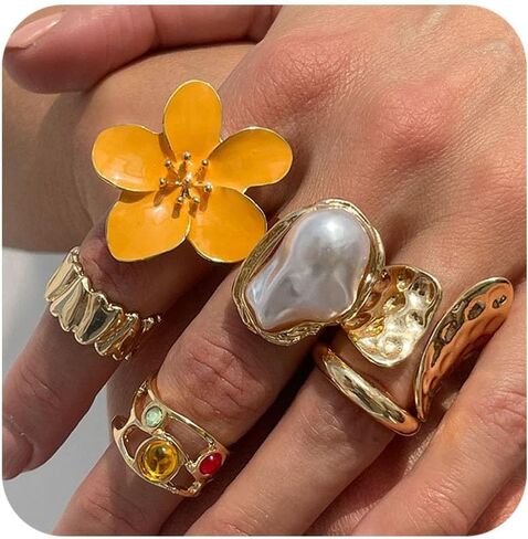 6PCS Vintage Flower Stackable Rings for Women Non Tarnish Chunky Gold Rings Baroque Pearl Knuckle Statement Rings Set in Saudi Arabia