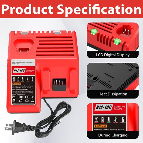 9.0Ah 18V Battery Replacement for Milwaukee M18 & 3A Dual Charger Replacement for Milwaukee M18 48-11-1850 48-11-1828 48-11-1860 48-11-1890, Battery Charger 4811-1862 4811-1852 4811-1840 （2 pack） in Kuwait