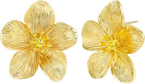 Gold Large Chunky Flower Statement Earrings for Women, Summer Beach Floral Handmade Drop Jewelry, Maximalist Wedding Date Birthday Gift, Bold Exaggerated Textured Dangle Trendy Ribbed Jewelry, Golden Chandelier Fashion Accessories, Vintage Hammered Thick  in Kuwait