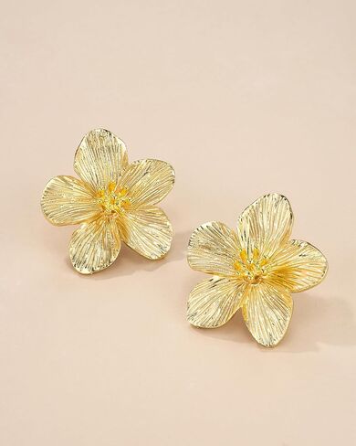 Gold Large Chunky Flower Statement Earrings for Women, Summer Beach Floral Handmade Drop Jewelry, Maximalist Wedding Date Birthday Gift, Bold Exaggerated Textured Dangle Trendy Ribbed Jewelry, Golden Chandelier Fashion Accessories, Vintage Hammered Thick  in Kuwait