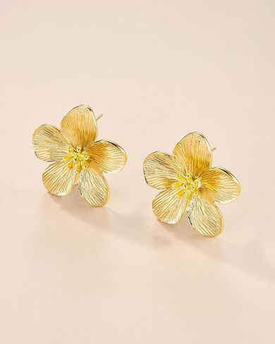 Gold Large Chunky Flower Statement Earrings for Women, Summer Beach Floral Handmade Drop Jewelry, Maximalist Wedding Date Birthday Gift, Bold Exaggerated Textured Dangle Trendy Ribbed Jewelry, Golden Chandelier Fashion Accessories, Vintage Hammered Thick  in Kuwait