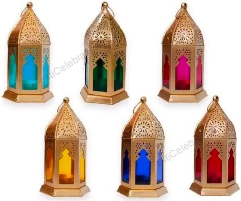 1 حزمة على الطراز المغربي ، فانوس شمعة ، حامل شموع صغير من الشمعة مع ألواح زجاجية شفافة ، 7 بوصات معلقة في الهواء الطلق لرمضان ، مصباح معدني تزيين الهالوين للفناء ، حفلات الزفاف （الذهب） in Kuwait