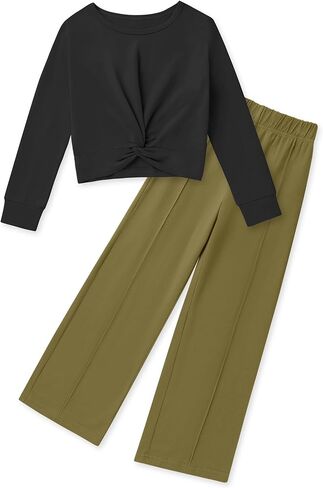 Girls Fall Outfits Fashion Solid Long Sleeve Twist Crop Tops and Wide Leg Pants Girls Clothing Set in Kuwait