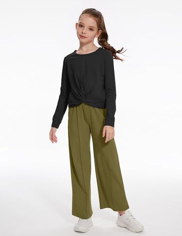 Girls Fall Outfits Fashion Solid Long Sleeve Twist Crop Tops and Wide Leg Pants Girls Clothing Set in Kuwait