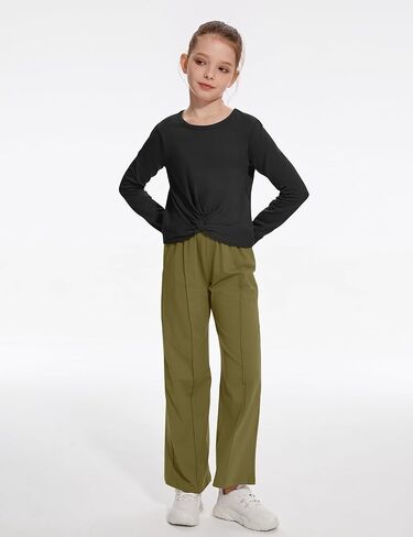 Girls Fall Outfits Fashion Solid Long Sleeve Twist Crop Tops and Wide Leg Pants Girls Clothing Set in Kuwait