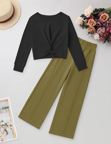 Girls Fall Outfits Fashion Solid Long Sleeve Twist Crop Tops and Wide Leg Pants Girls Clothing Set in Kuwait