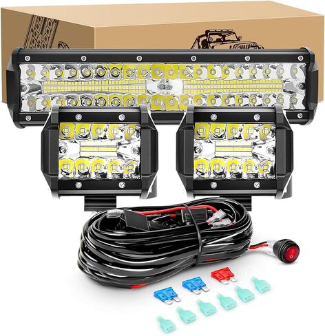 LED Light Bar 12Inch 300W & 2PCS 4Inch 60W Spot Flood Light Pods, KINGOPT LED High Brightness with Wiring Harness Kit Fog Lamps Driving Boat Work Lights for Truck SUV ATV UTV Golf Car Jeep Automatic in Saudi Arabia