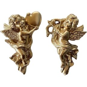 2Pcs Gold Resin Winged Angel Wall Sculptures Wall Hanging Adornment Cherub Cupid 5.3 inch Tall Adorable Angelic Figure Angel Figurines Crafts Vintage Ornament for Wedding Decor in Saudi Arabia