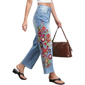 Straight Leg Cropped Jeans for Women Trendy Mid Rise Floral Print Boho Casual Denim Ankle Pants in Kuwait