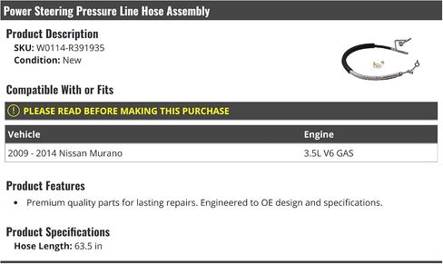 مجموعة خرطوم خط ضغط التوجيه السلطة - 63.5 بوصة - متوافقة مع 2009-2014 Nissan Murano 3.5L V6 GAS in Saudi Arabia