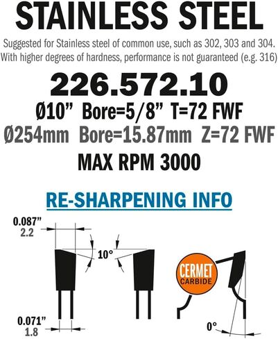 CMT 226.572.10 Stainless Steel Saw Blade with 10-Inch by 72 Teeth 8-Degree FWF and 5/8-Inch Bore in Saudi Arabia