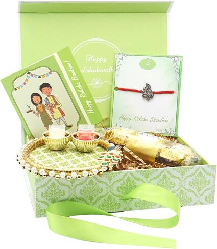 Rakhi Giftbox | Raksha Bandhan Giftbox with A Luxurious Rakhi, Choco, Pooja Thali, Roli Chawal and a Prewritten Greeting Card | Rakhi Gift Set in Kuwait