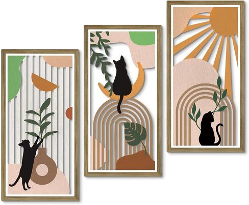 Putuo Decor Boho Cat Wall Art Set of 3, Abstract Cut-Out MDF Wall Panels with Cat Silhouettes, Rainbow and Botanical Shapes, Modern Home Decor for Bedroom Living Room Office in Saudi Arabia