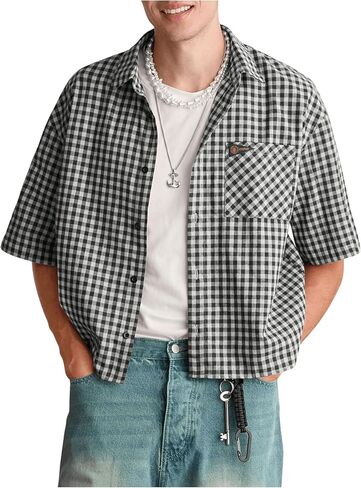 Oyoangle Men Block Block Blaid Blaid Button Down Short Sleeve Tirts Pocket Mort in Saudi Arabia