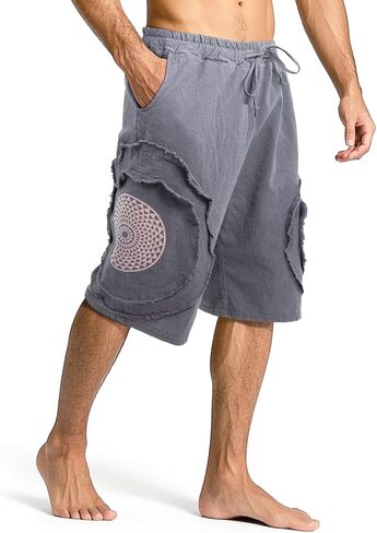 CosInStyle Men's Wide Leg Cotton Capri Shorts Pants with Elastic Waist, Drawstring, and Pockets for Yoga Summer Beach Outdoor in Kuwait