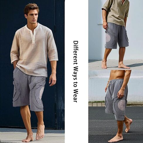 CosInStyle Men's Wide Leg Cotton Capri Shorts Pants with Elastic Waist, Drawstring, and Pockets for Yoga Summer Beach Outdoor in Kuwait