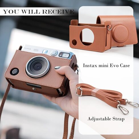 Rieibi Mini EVO Case - Vintage PU Leather Protective Bag for Fuji Instax Mini EVO Instant Camera - Removable Case with Adjustable Shoulder Strap Battery Charging Port - Black in Saudi Arabia