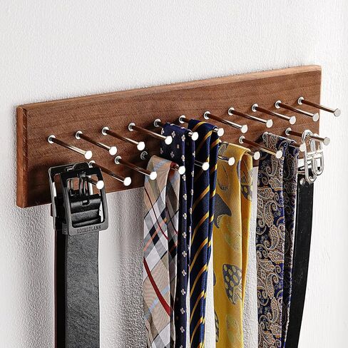Treehouse London Tie Rack Organizer - يحمل 40 علاقات كبيرة - حامل تخزين معدني قوي من الخشب والمعادن لخزانة - شماعات عرض التعادل الجدار للجدار وغرفة النوم - (رف ربط الجوز) in Kuwait