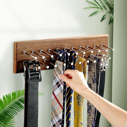 Treehouse London Tie Rack Organizer - يحمل 40 علاقات كبيرة - حامل تخزين معدني قوي من الخشب والمعادن لخزانة - شماعات عرض التعادل الجدار للجدار وغرفة النوم - (رف ربط الجوز) in Kuwait