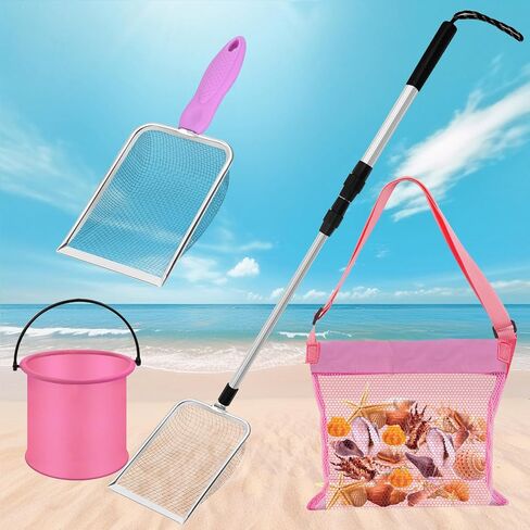 4pcs Shelling Scooper Tools for Beach, Adjustable Shark Tooth Sand Sifter with Mesh Shell Collecting Bag Foldable Beach Bucket Beach Scoop Shovel Toys for Adults Kids Picking Seashell Rock Hunting in Kuwait