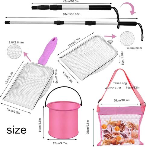 4pcs Shelling Scooper Tools for Beach, Adjustable Shark Tooth Sand Sifter with Mesh Shell Collecting Bag Foldable Beach Bucket Beach Scoop Shovel Toys for Adults Kids Picking Seashell Rock Hunting in Kuwait